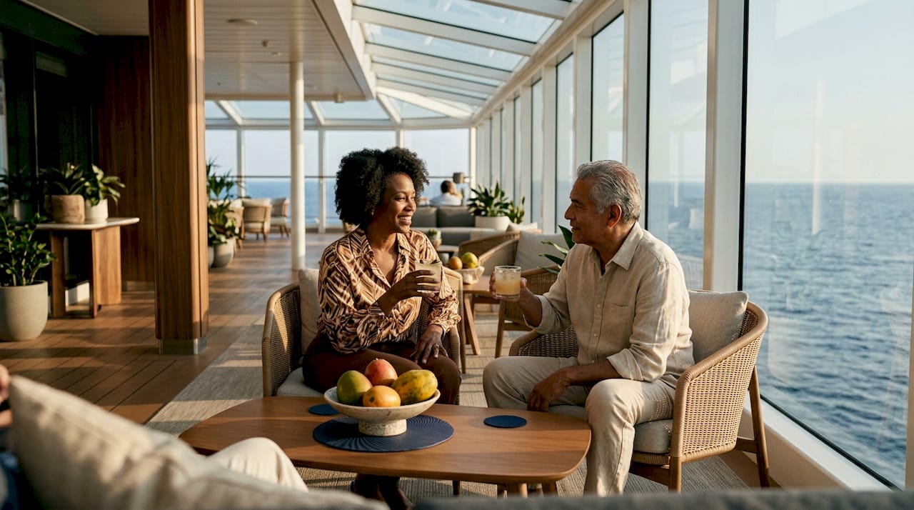 Passengers enjoying lounge on boutique cruise ship