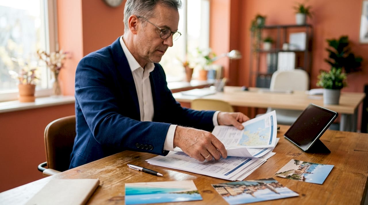 Travel agent organizing itinerary documents on desk