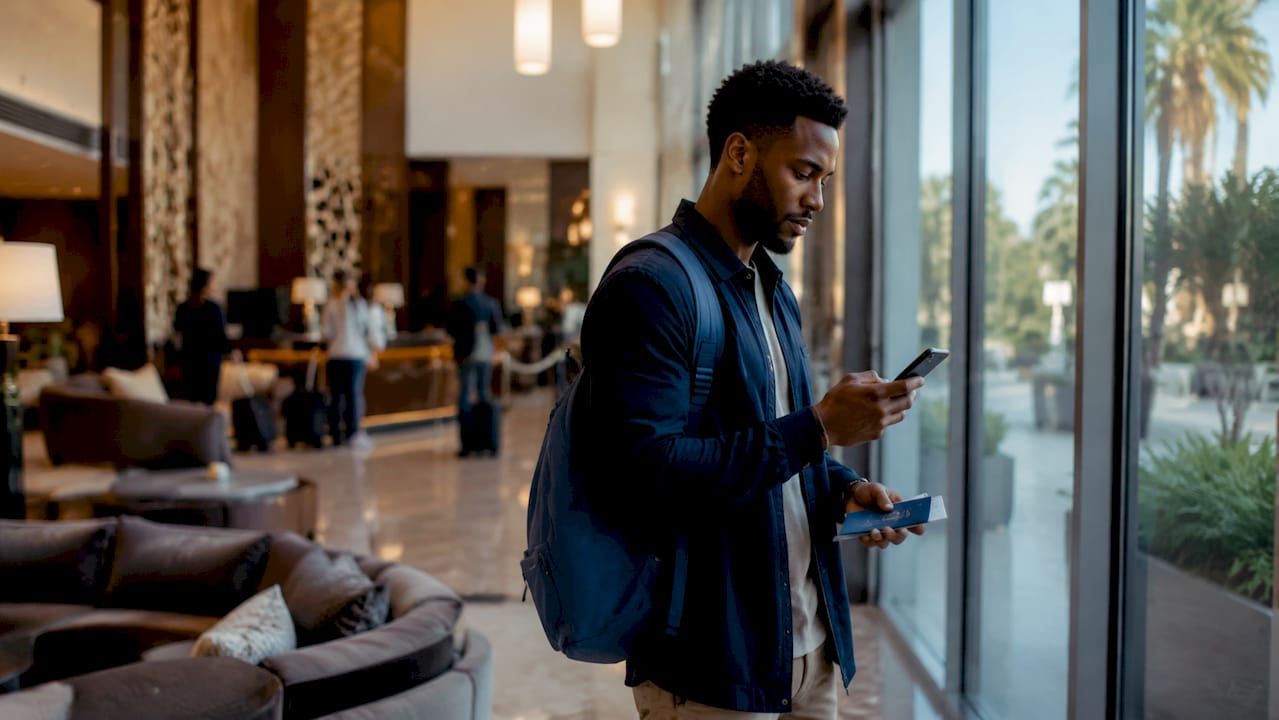 Traveler contacting 24/7 assistance from airport