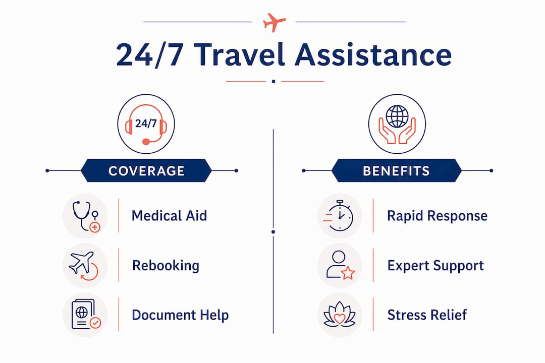 Infographic illustrating travel assistance coverage and benefits