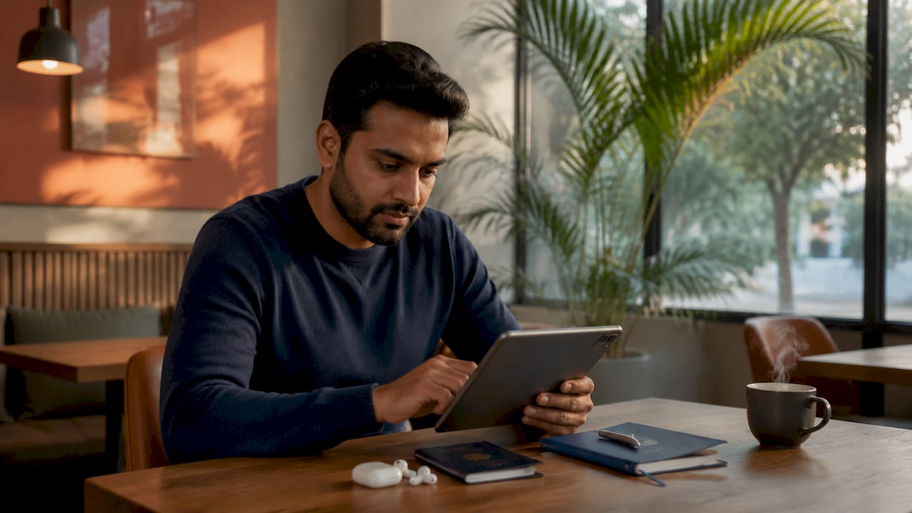 Close-up of hands managing travel on tablet