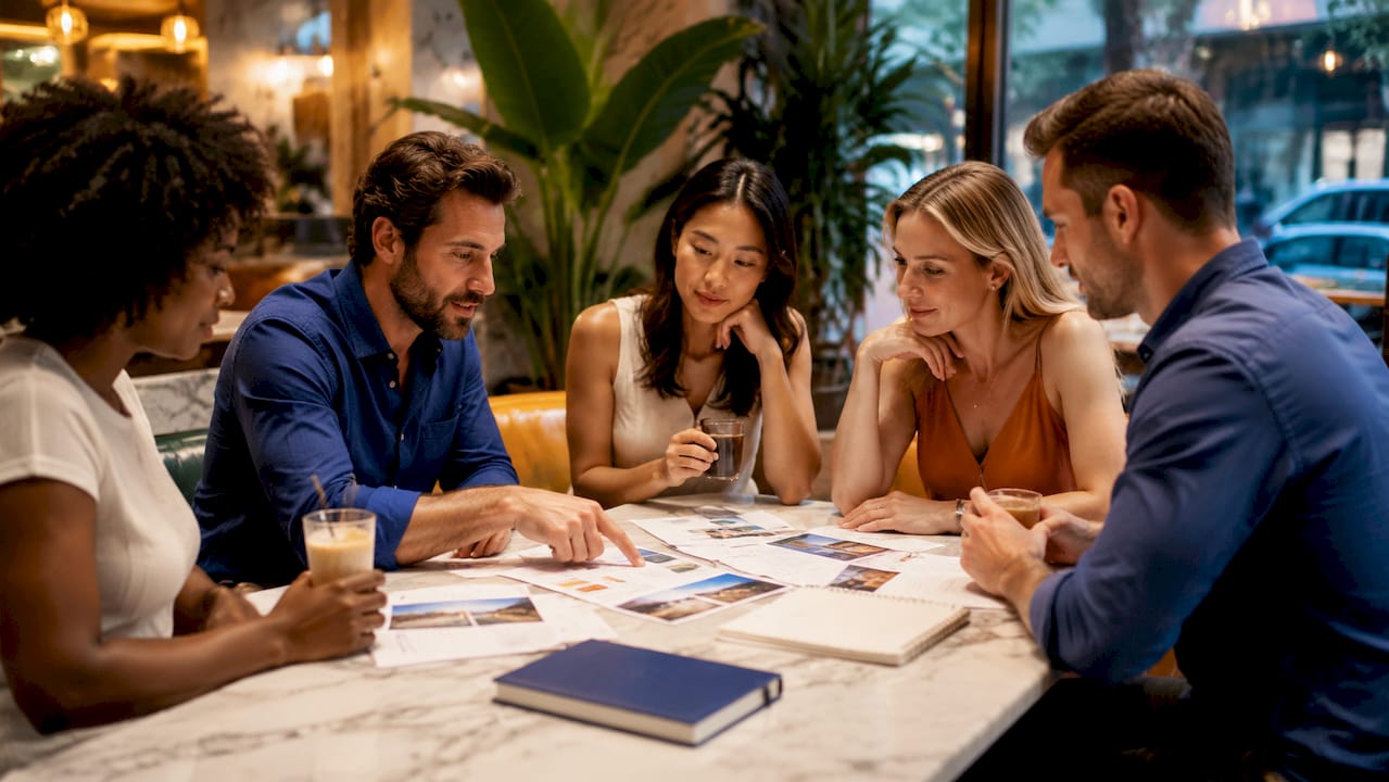 Group discussing balanced travel itinerary in café