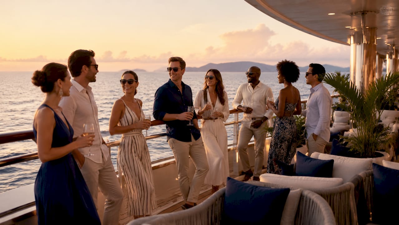 Group enjoying curated cruise deck sunset gathering