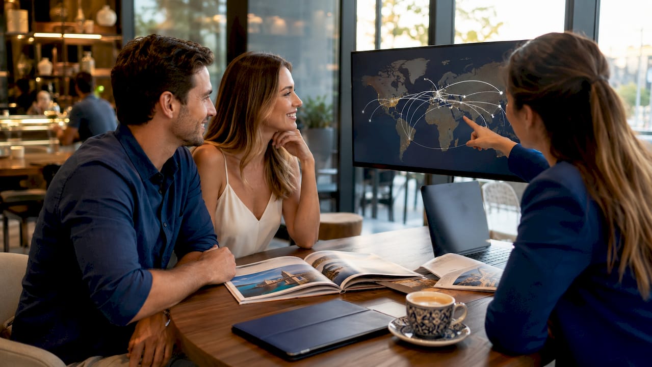 Couple planning guest travel with travel agent