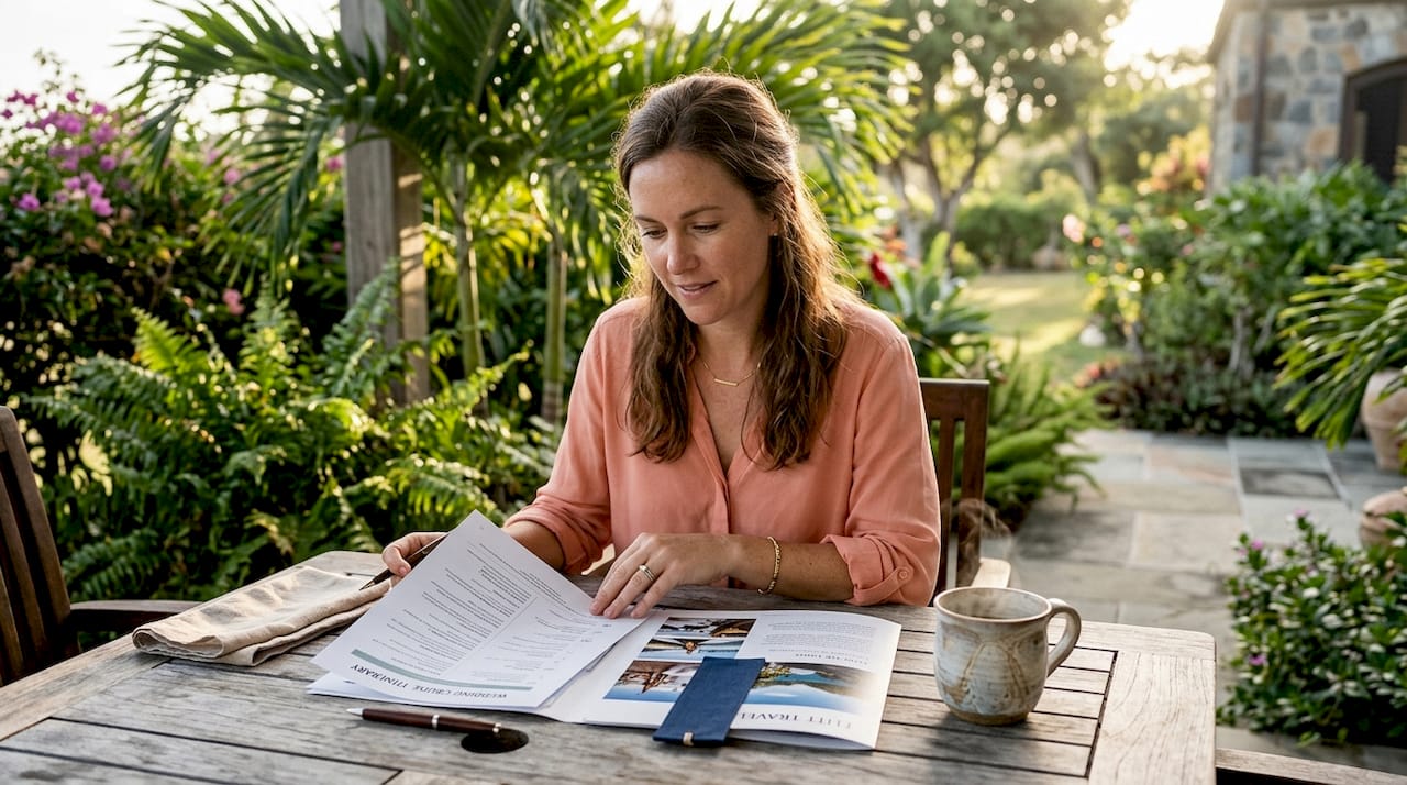 Hands holding cruise wedding planning documents