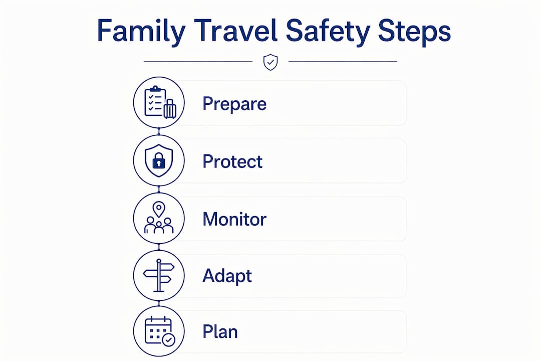 Infographic outlining five family travel safety steps