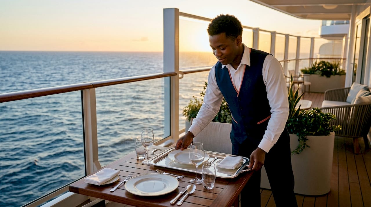 Butler setting dinner in luxury cruise suite