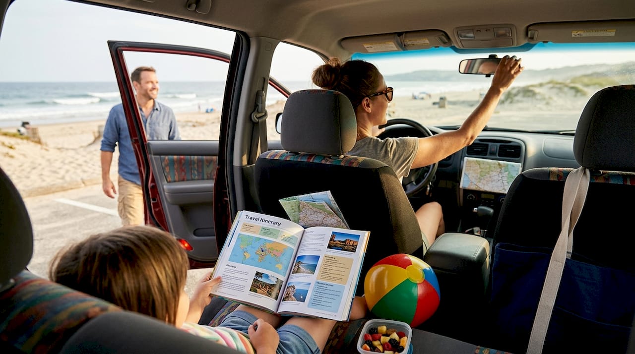 Child’s view of family itinerary in car