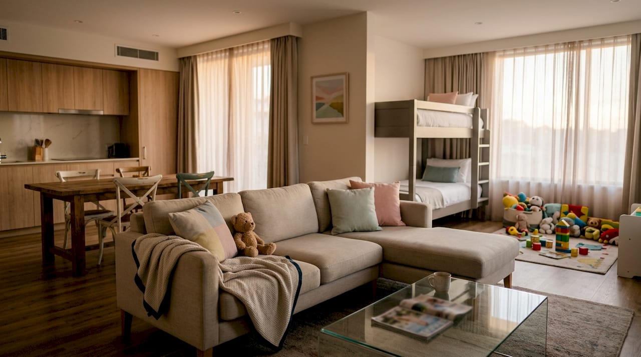 Overhead view of family hotel suite layout