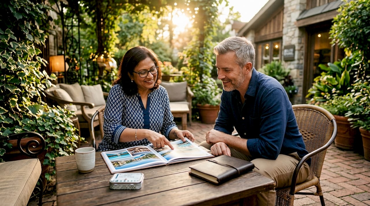 Travel advisor consulting client with luxury portfolio