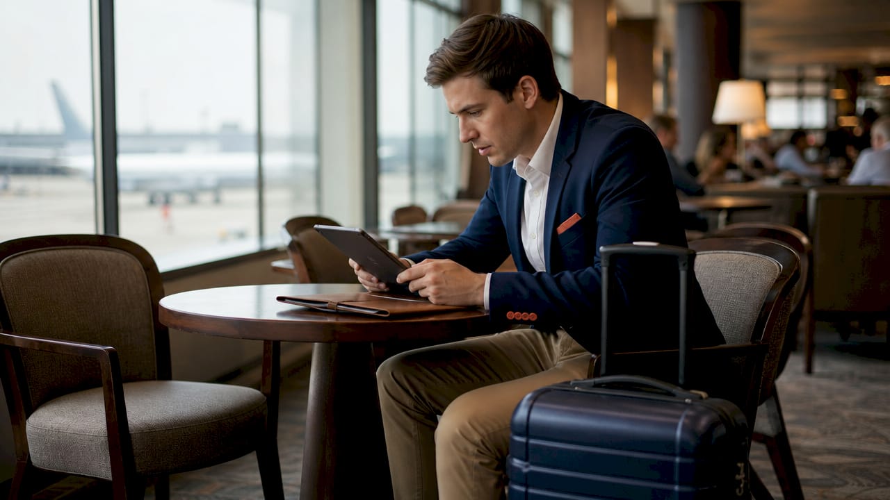 Traveler reviewing flight info on tablet in airport lounge