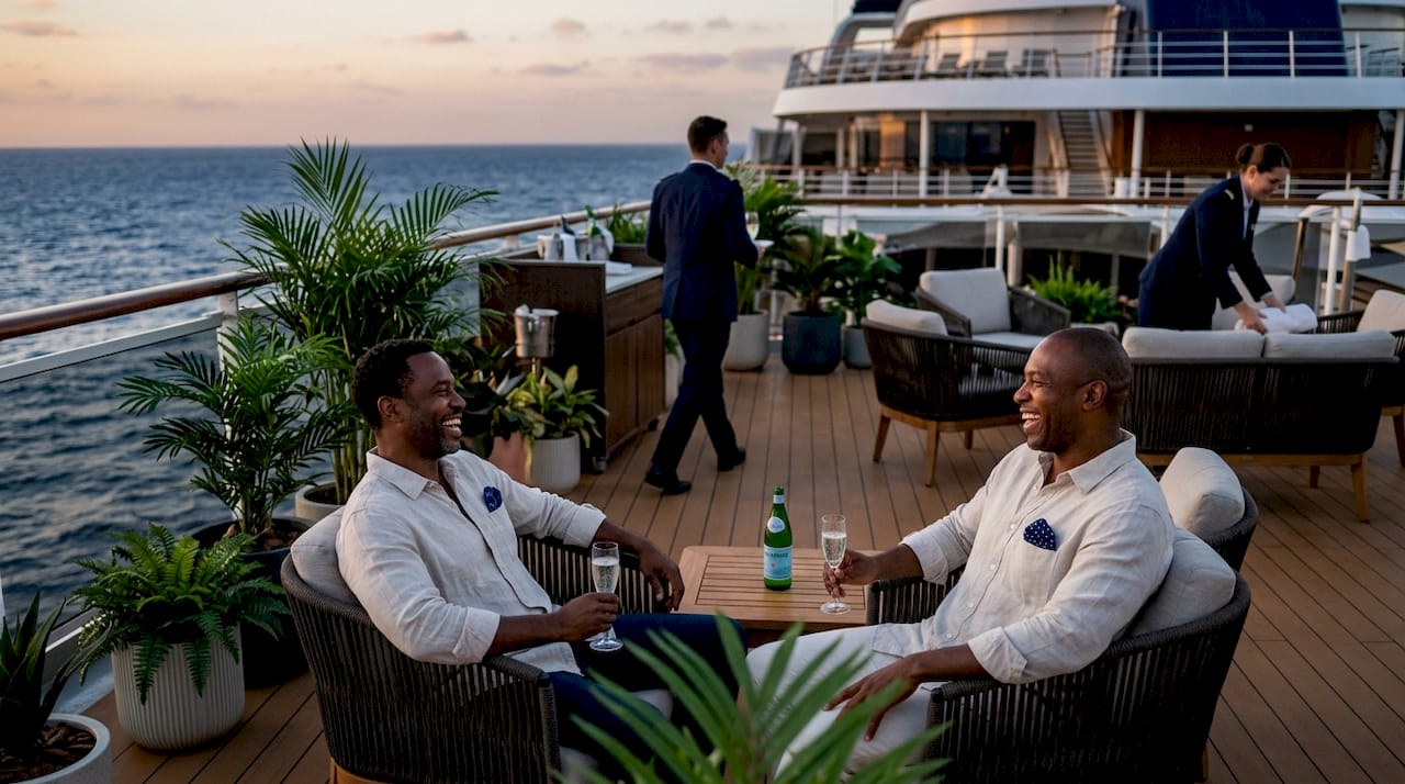 Concierge guests enjoying exclusive cruise deck lounge