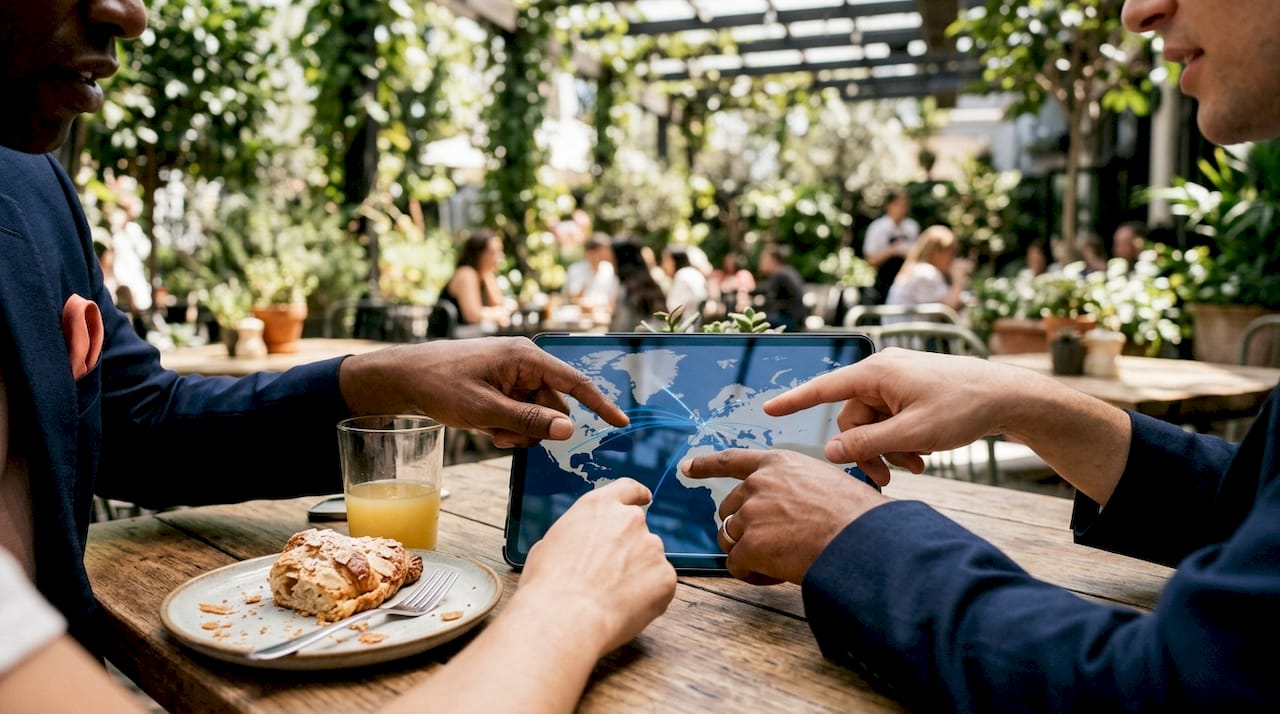 Hands reviewing flight routes for wedding guests