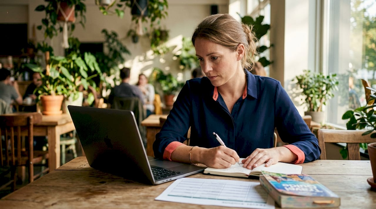Close-up of hands managing travel itineraries