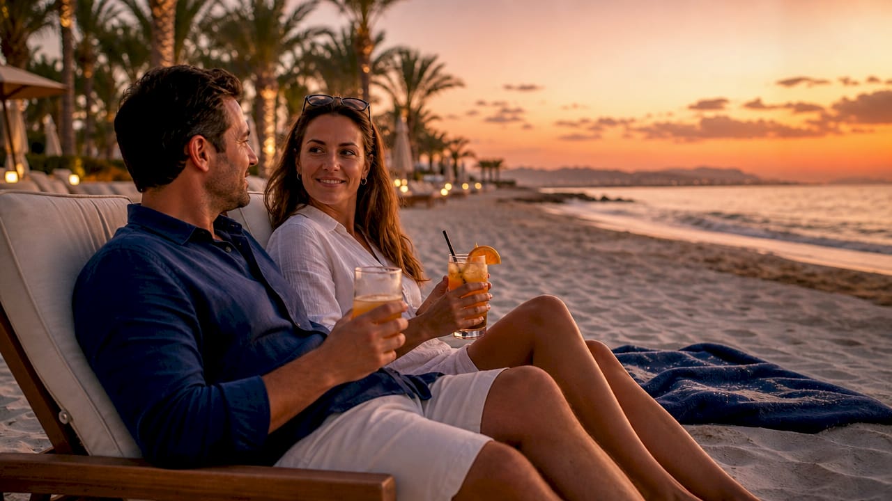 Red Sea luxury resort beach at golden hour