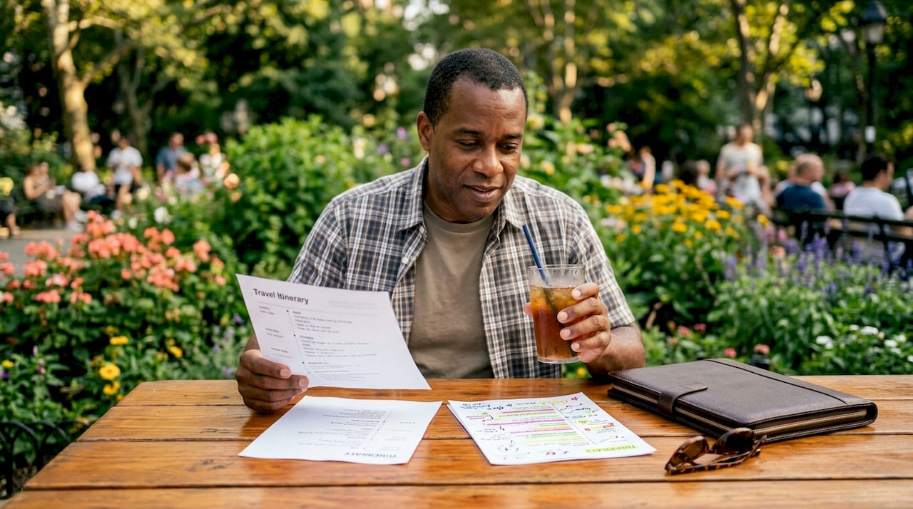 Man comparing two different travel itineraries