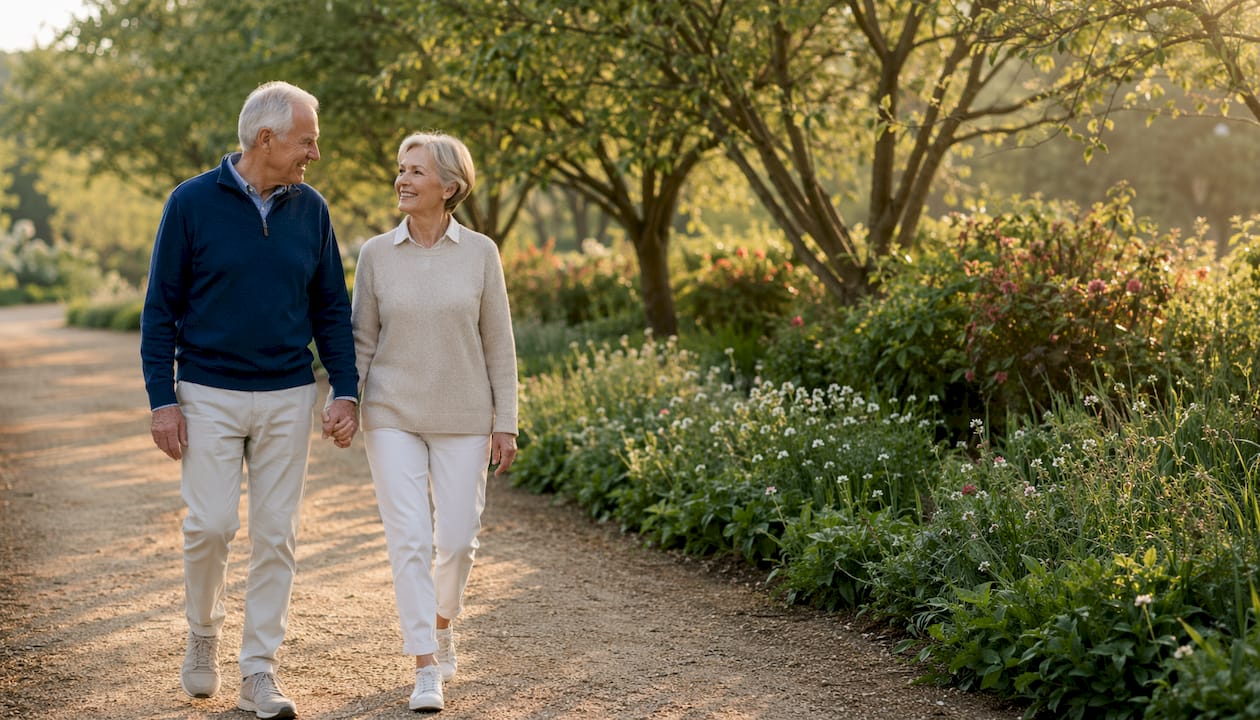 Senior couple walking at sunset seaside