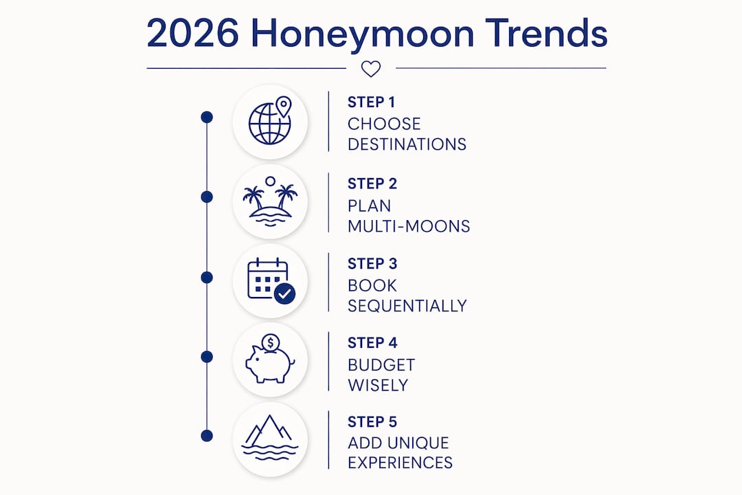 Infographic illustrating top honeymoon travel trends for 2026