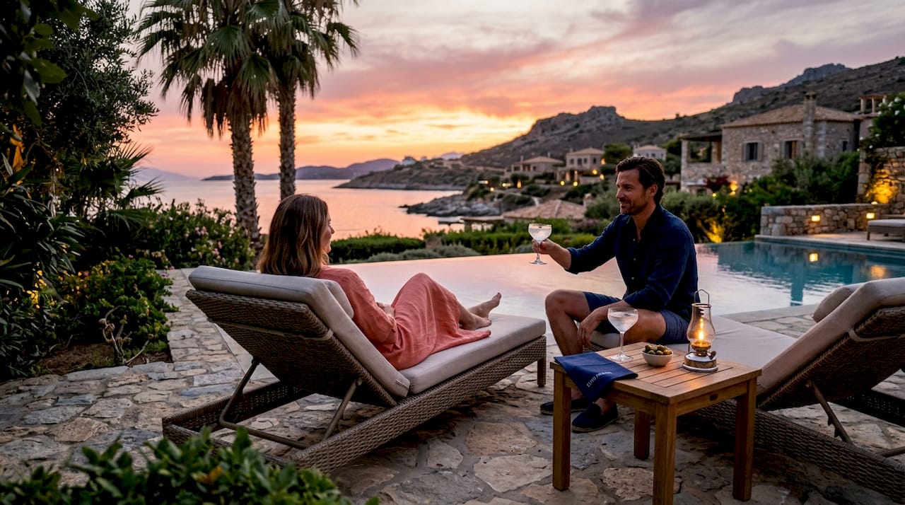 Luxury villa poolside at sunset with guests