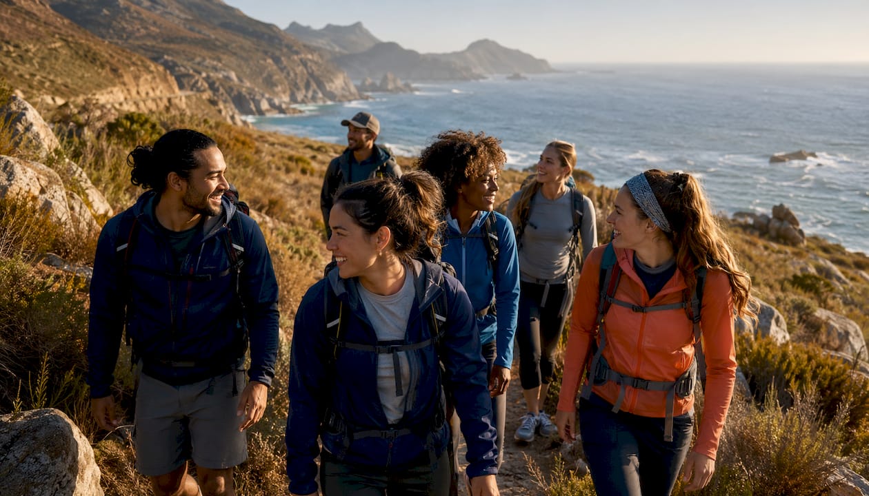 Group hiking on forest trail during honeymoon
