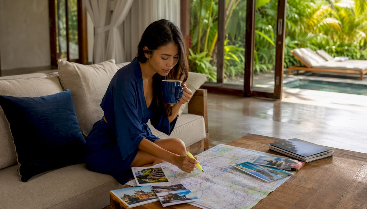 Woman planning honeymoon in open-air villa floor view