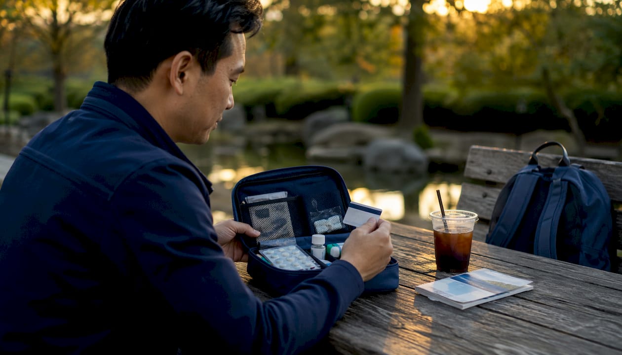 Hands with travel medical kit and insurance card