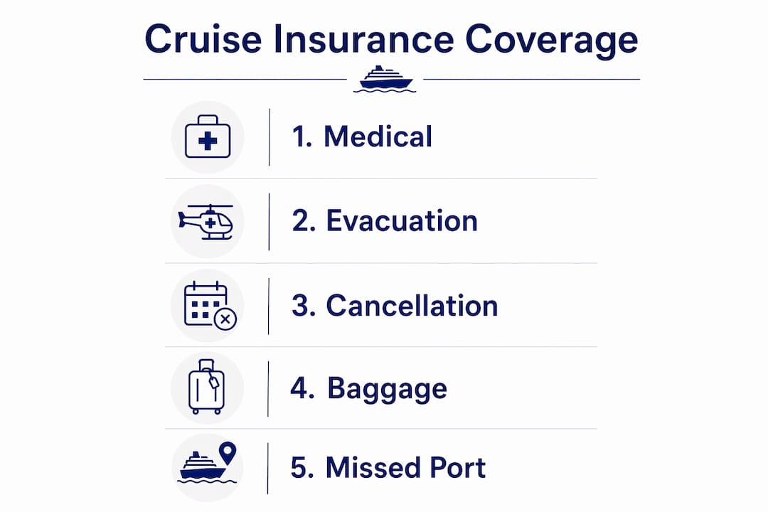 Infographic showing cruise travel insurance coverage steps