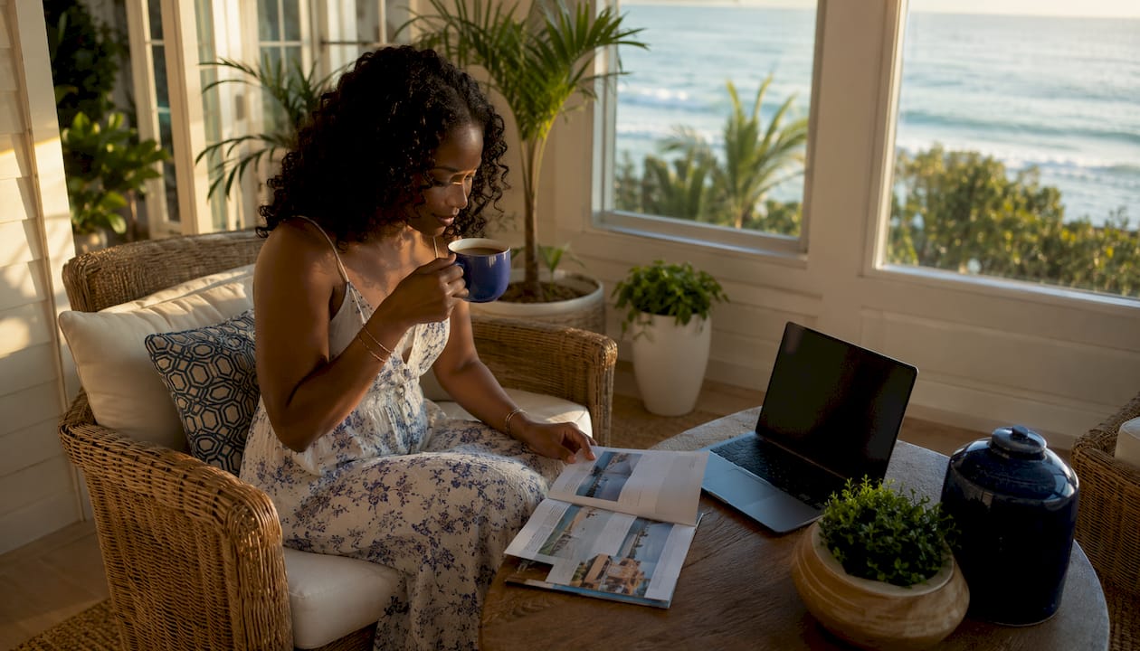 Woman relaxing, reviewing honeymoon pace options