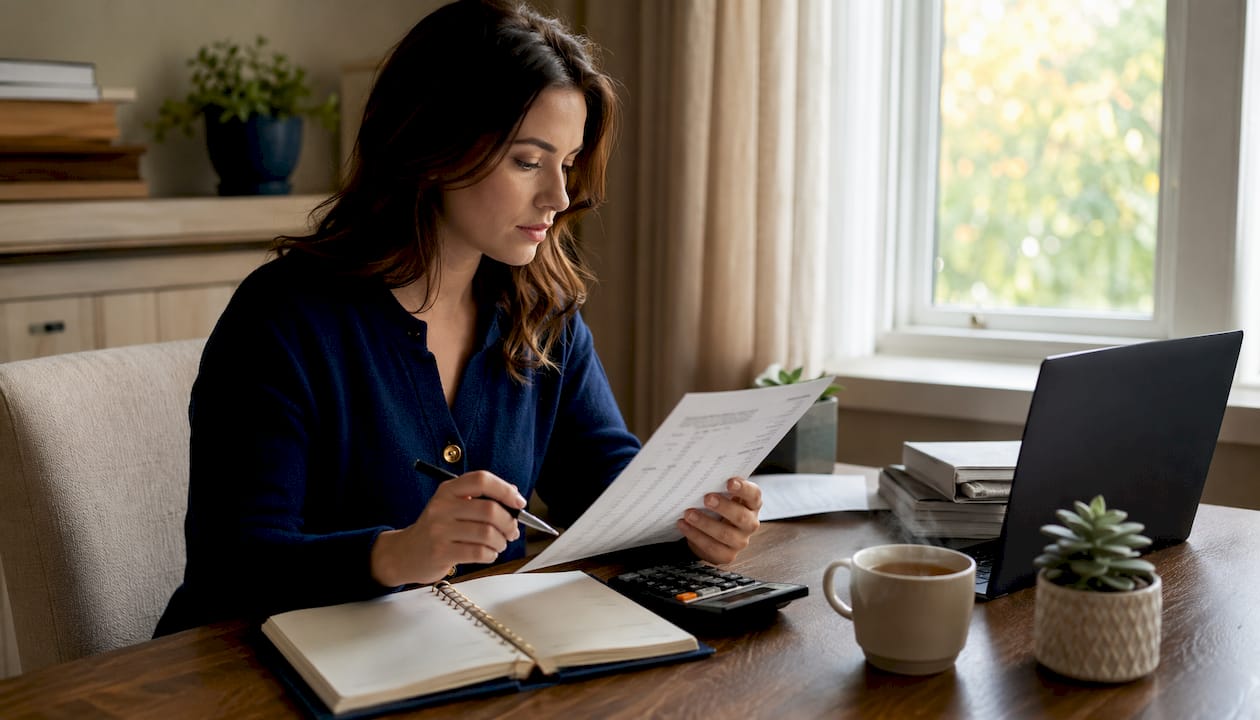 Woman reviewing honeymoon budget worksheet