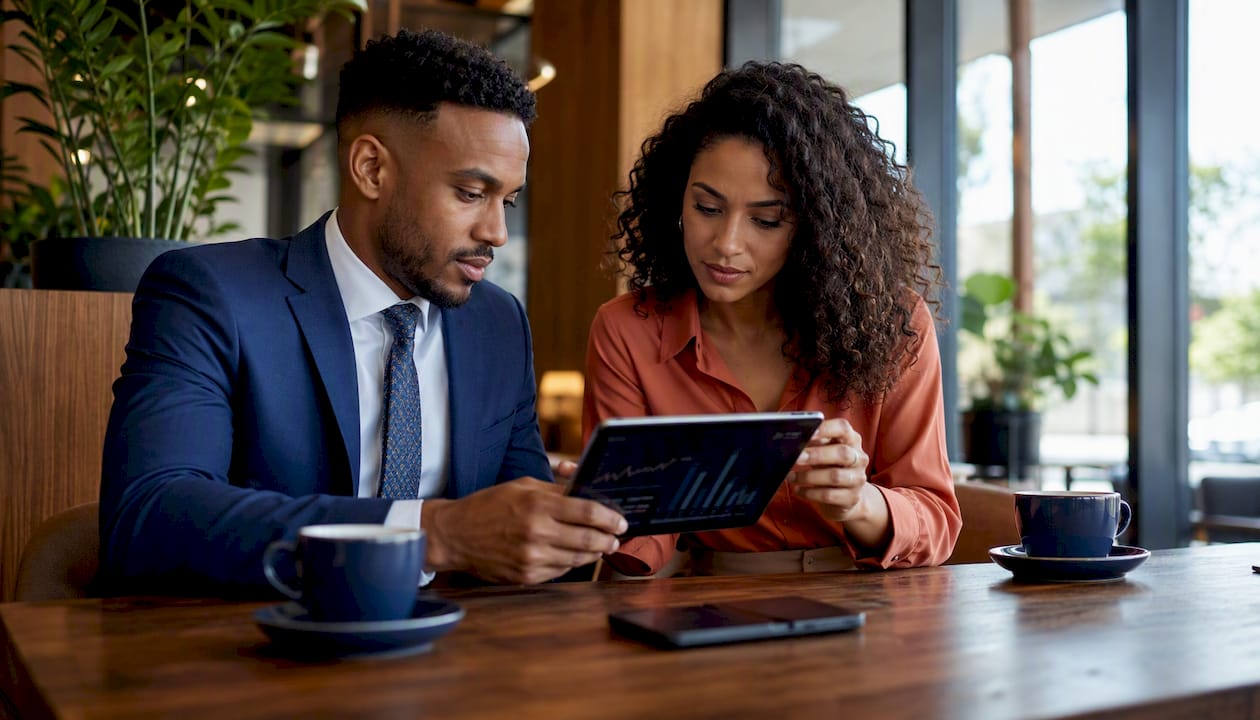 Two professionals discussing employee rewards budget spreadsheet