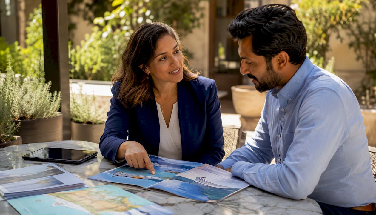 Couple consulting luxury cruise travel advisor in office