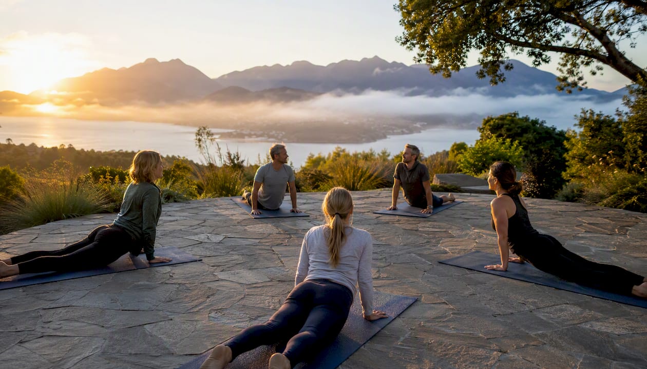 Yoga class on platform overlooking remote mountain lake