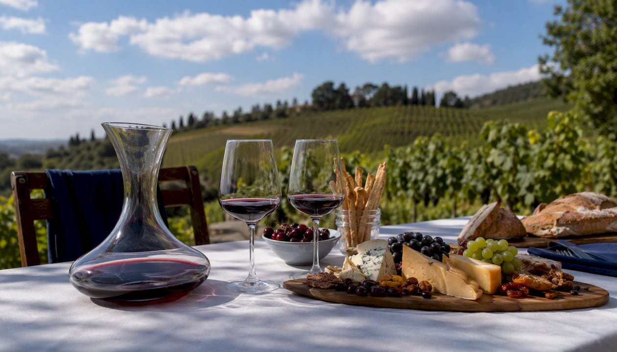 Private vineyard wine tasting picnic with wine glasses and food