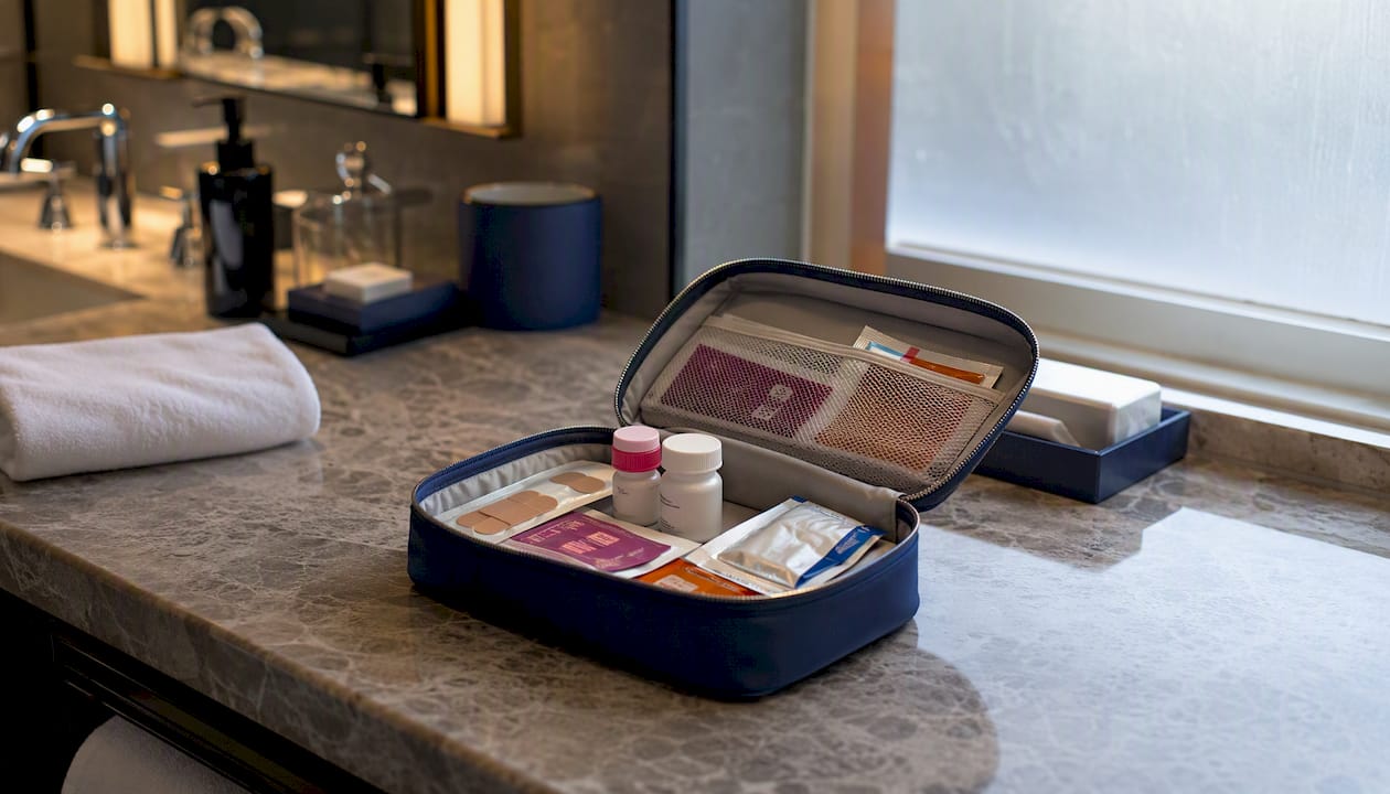 First-aid kit with children’s travel medication