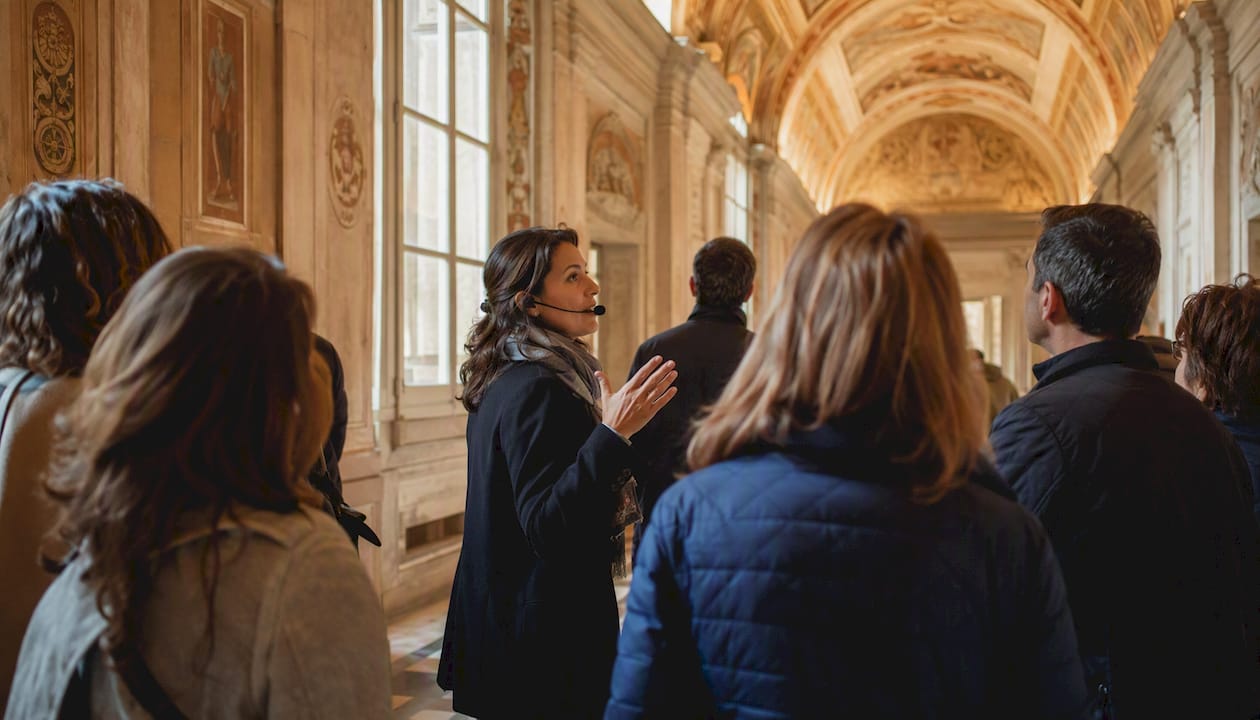 Tour guide leading small group in Vatican Museums