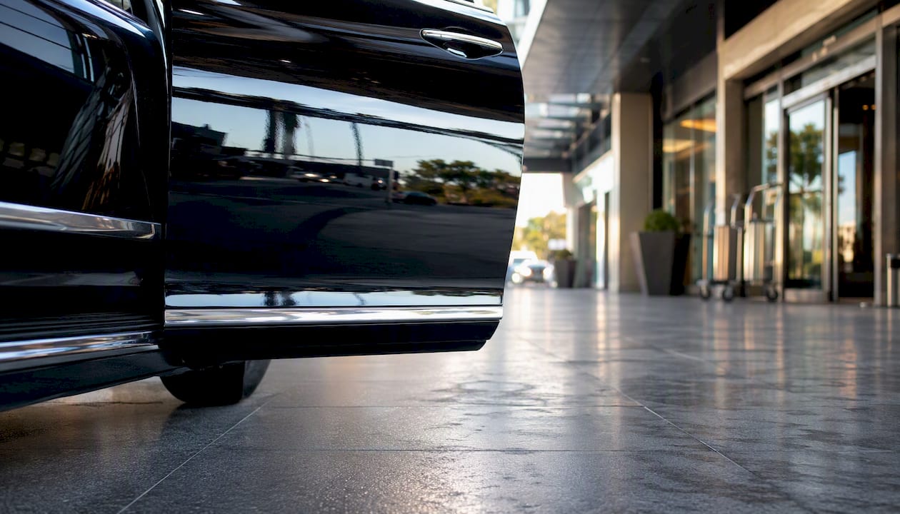 Luxury car door opening at airport curbside