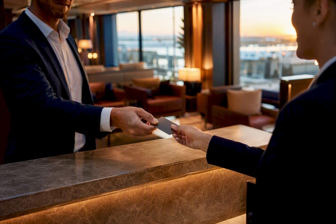 Hands using key card at luxury lounge
