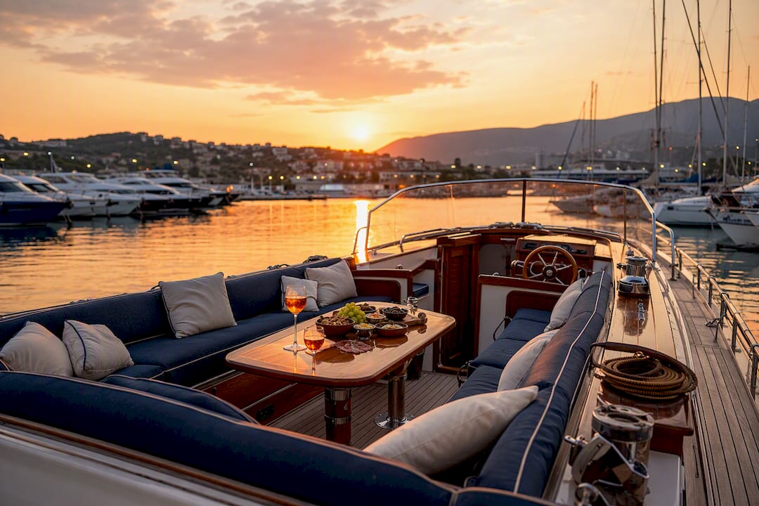 Luxury boat at dock ready for family sunset outing