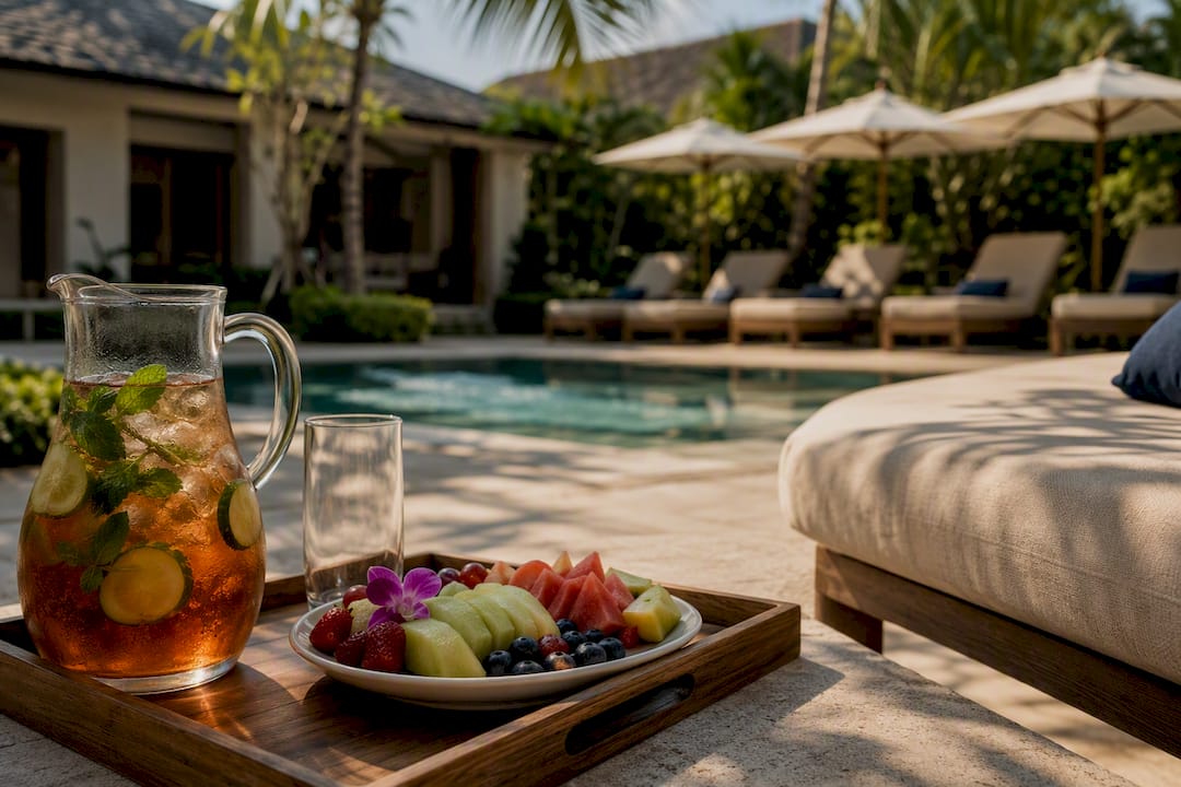 Poolside lounge area with refreshments at villa