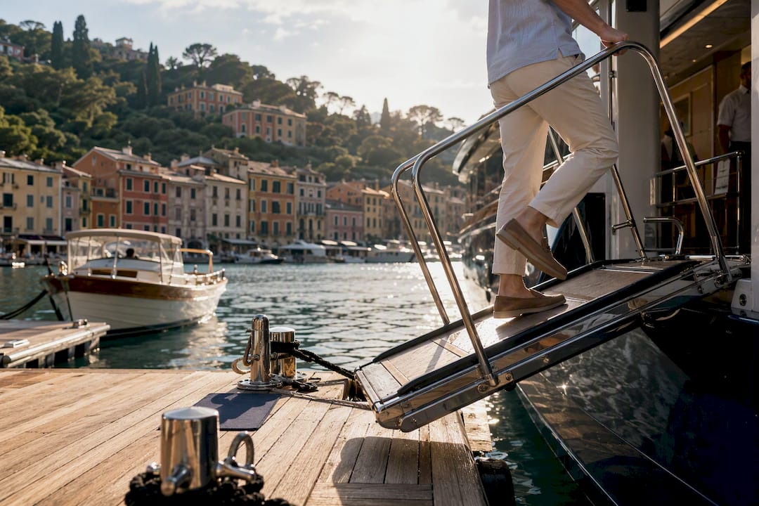 Small luxury ship boarding at Portofino harbor