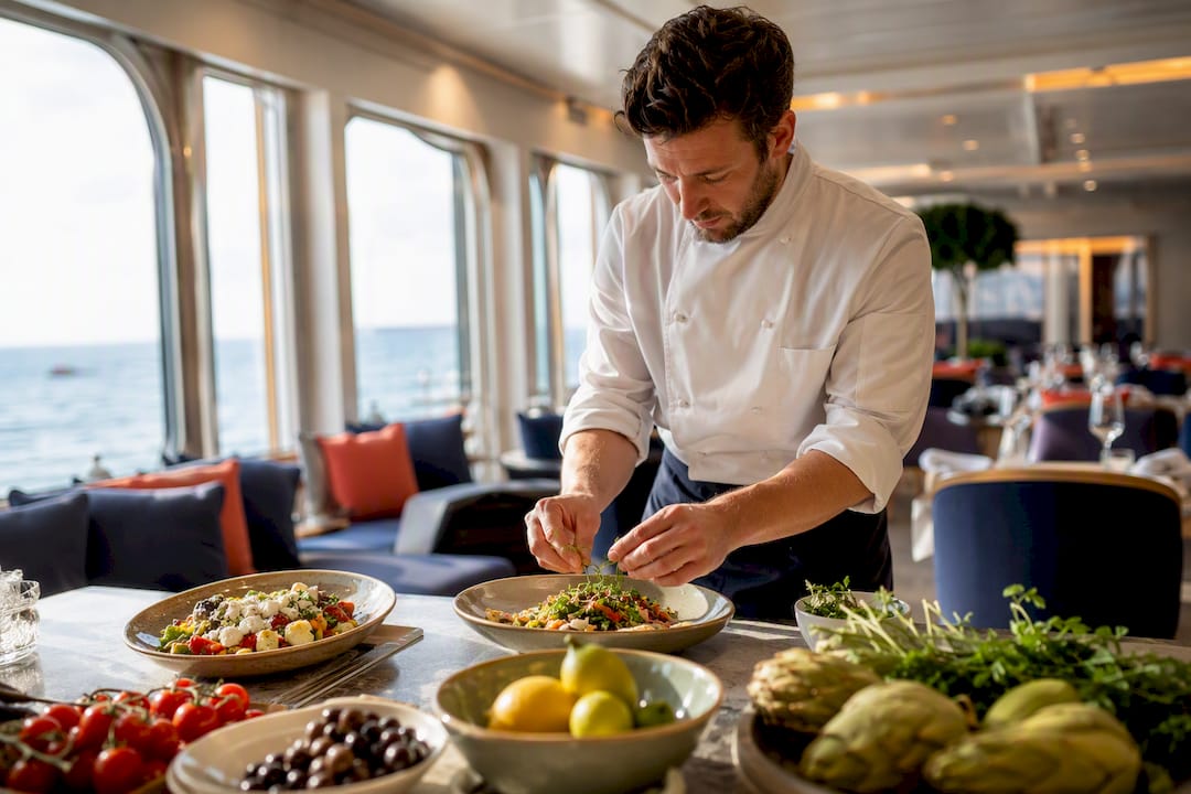 Chef plating farm-to-table dish on cruise ship