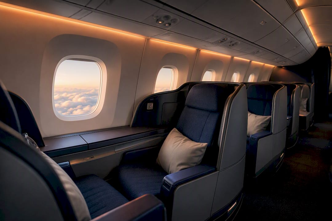 Modern business class airplane cabin with 1-2-1 seat layout