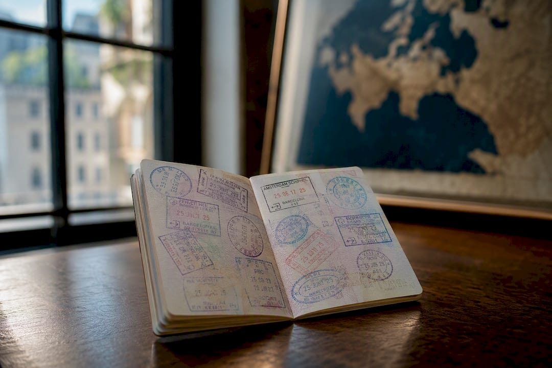Passport pages with multiple European stamps