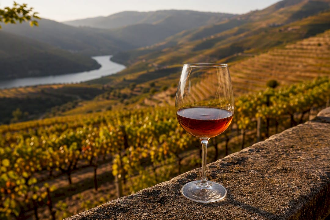 Vintage port wine glass with vineyard view