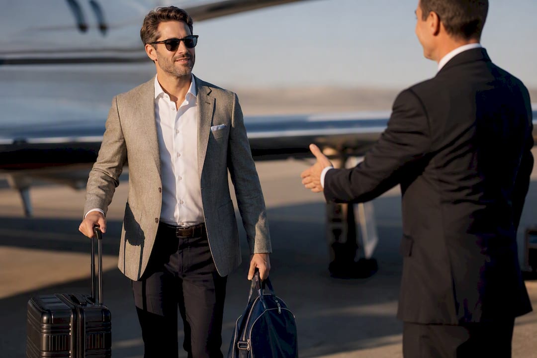 Chauffeur meeting traveler beside private aircraft