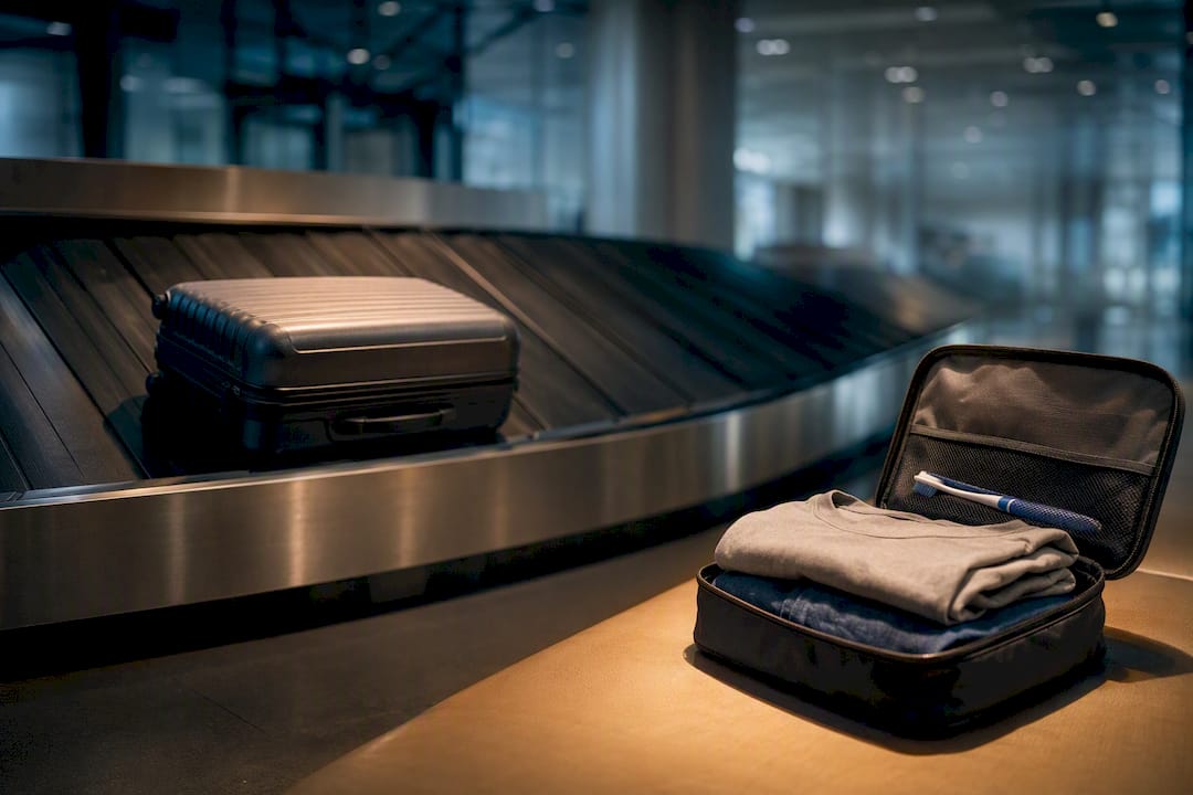 Delayed suitcase with essential travel items