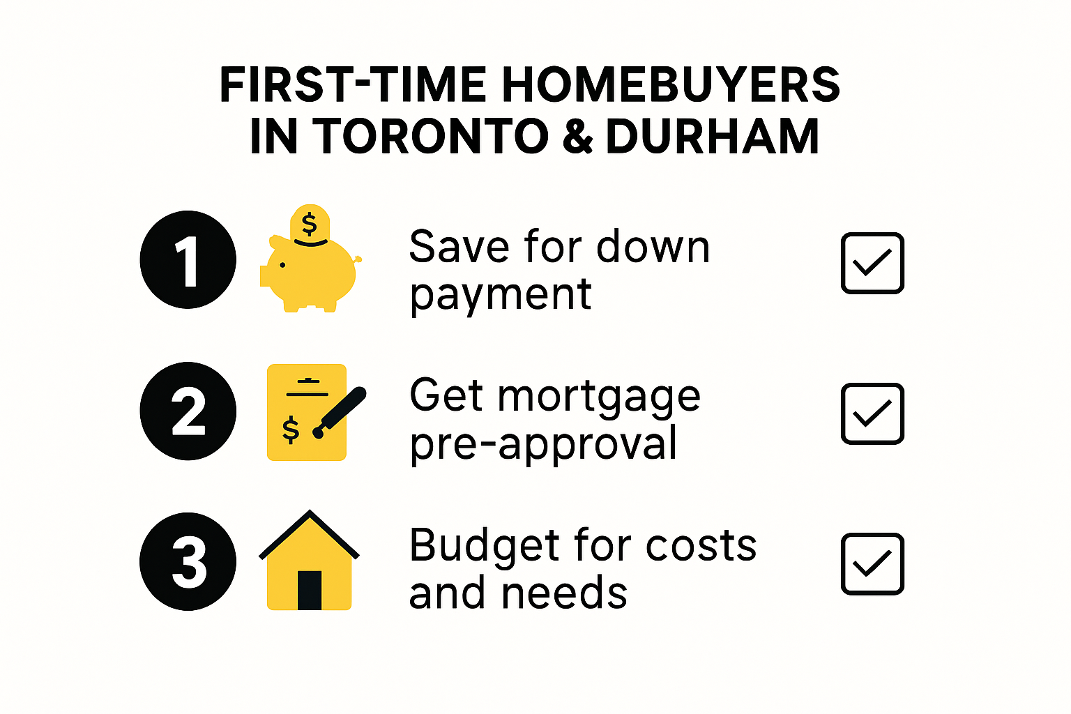 First-time homebuyer checklist infographic for Toronto and Durham