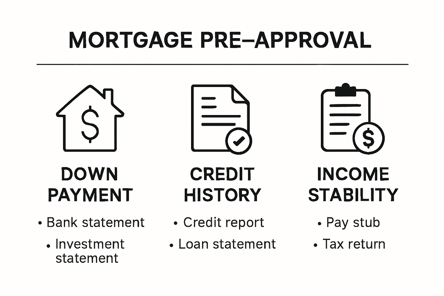 Infographic showing key mortgage pre approval pillars and documents