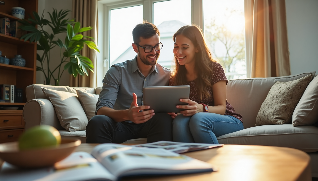 Couple examines Toronto listings on tablet in sunlit living room