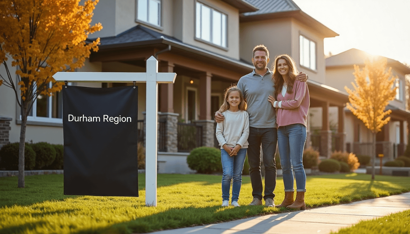 Family smiles in front of Durham Region home with real estate sign